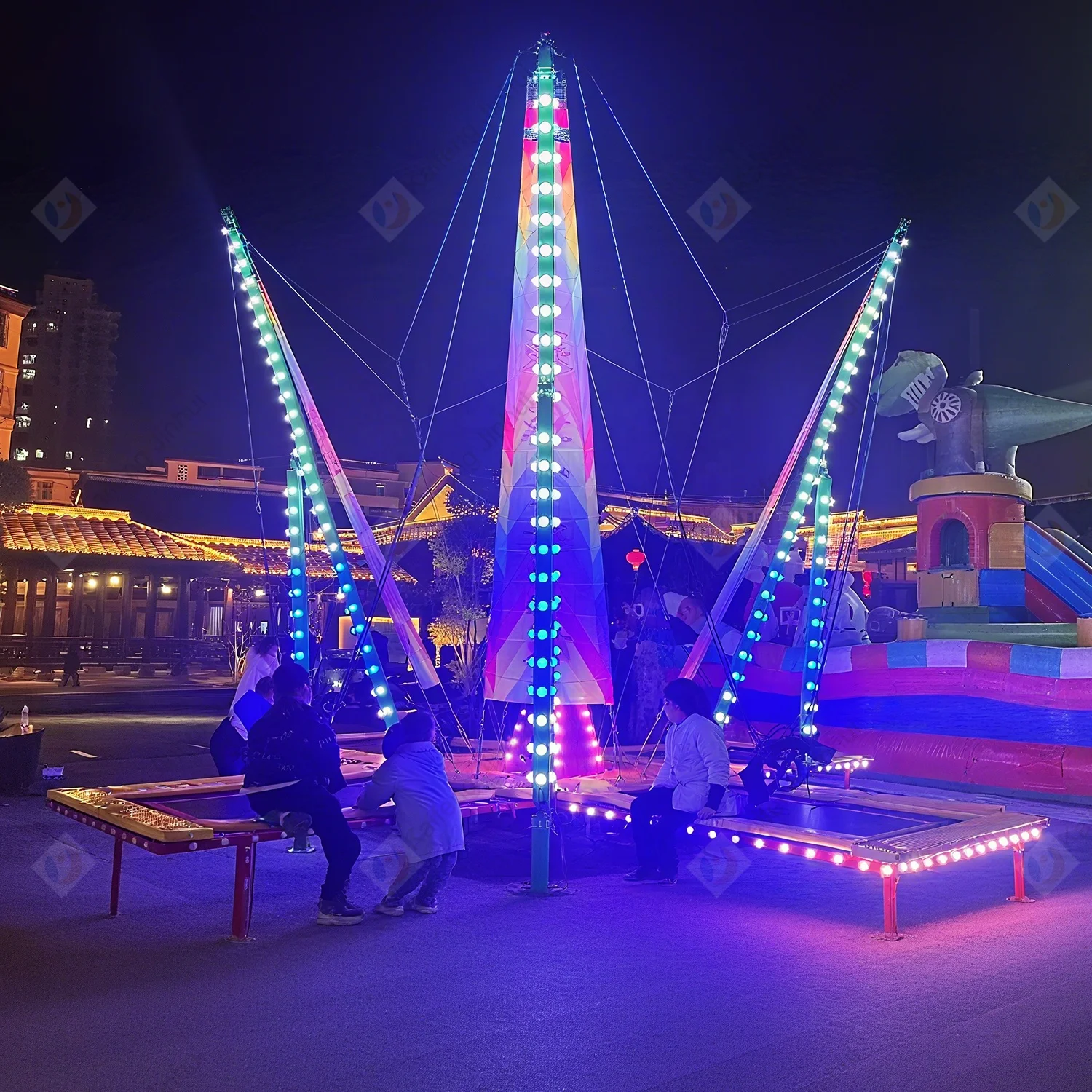 LED - Lit Commercial Trampoline for Amusement Parks Outdoor Fun Bungee Jumping