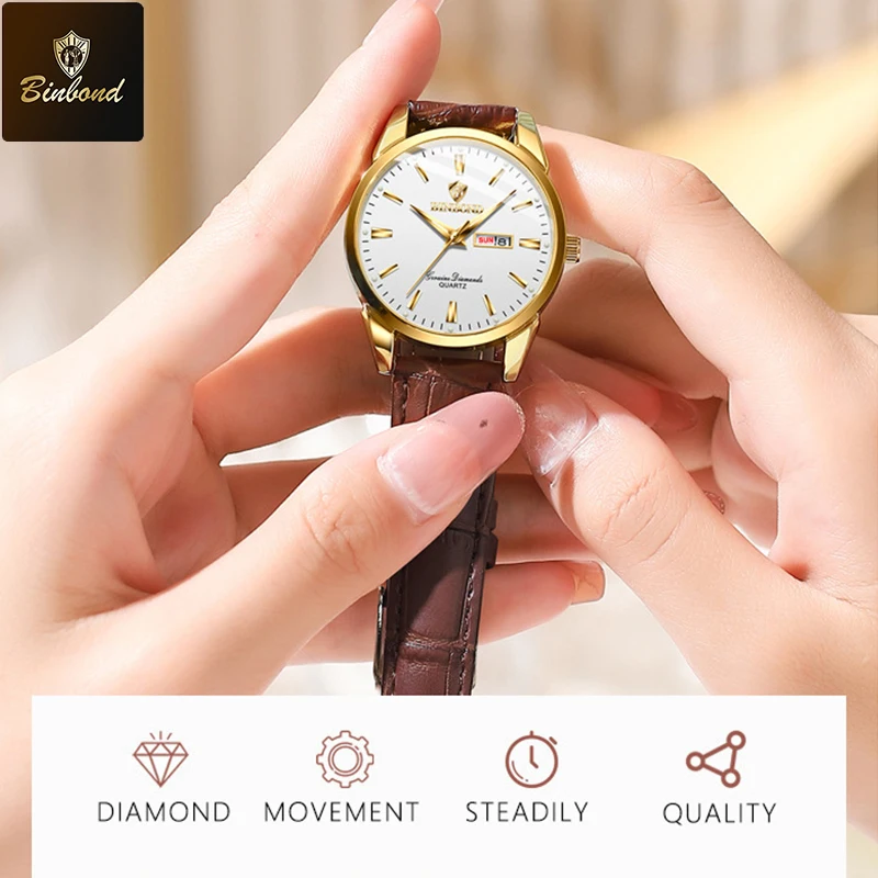 BINBOND แบรนด์ชั้นนําคลาสสิกควอตซ์นาฬิกาสําหรับสตรีส่องสว่างสายหนังกันน้ําปฏิทินนาฬิกากีฬาธุรกิจนาฬิกาสตรี