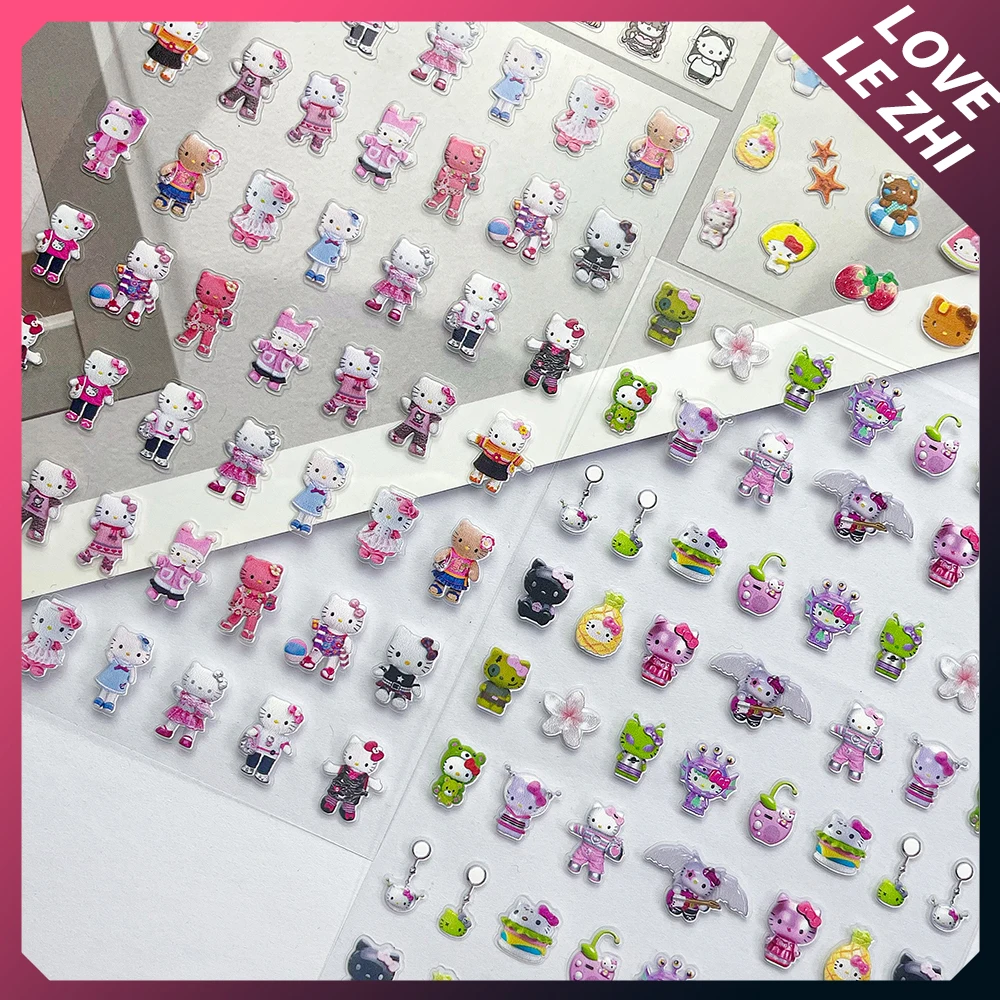 Cartoon Sanrioed HelloKitty 3D Diy Nails Transfer Slider Decals Stickers Black Skin Hawaiian Kt Doll Scrapbook Suitcase Stickers