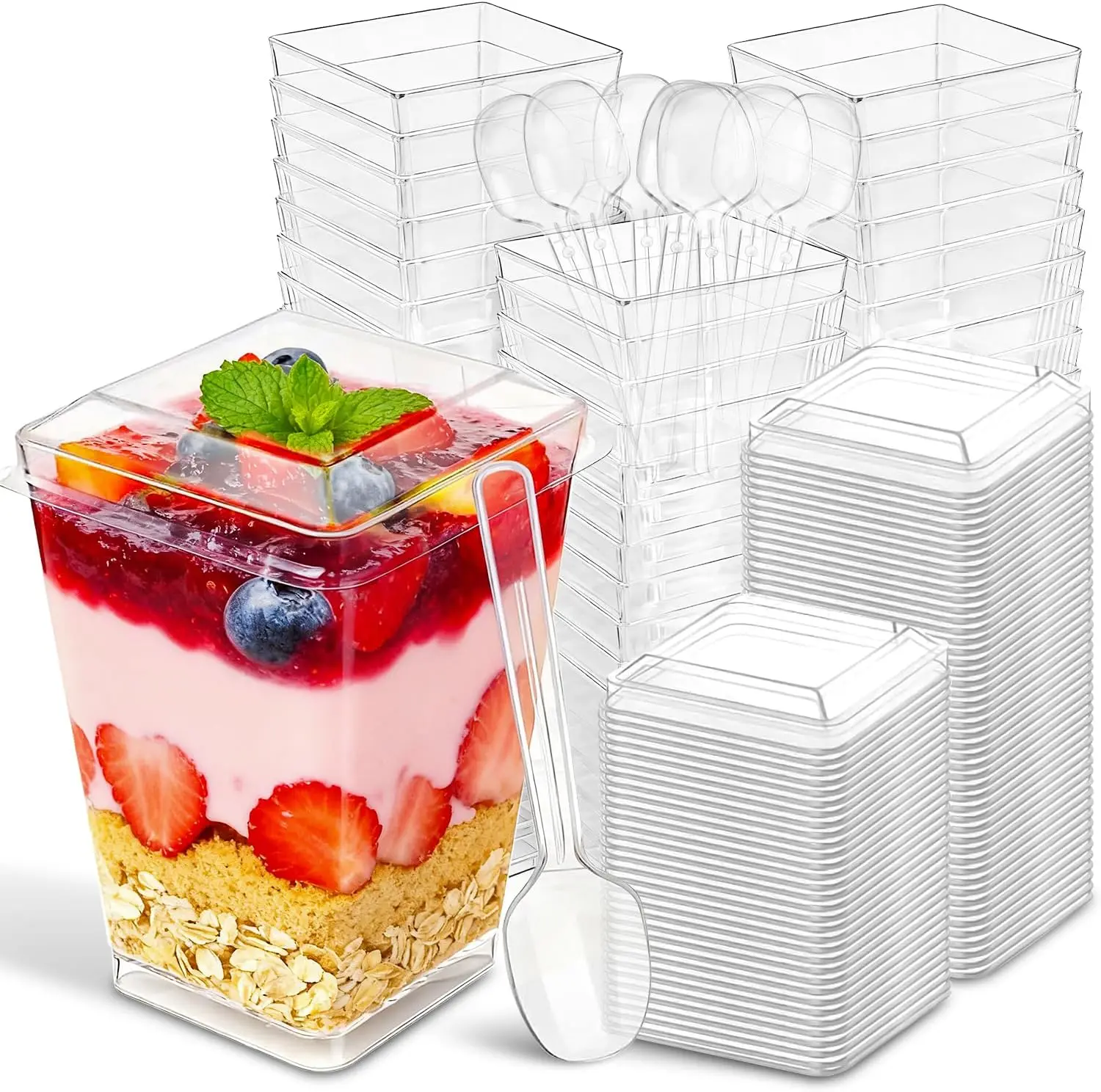 50 Pack 5oz Square Clear Plastic Parfait Cups with Lids & Spoons, Disposable Transparent Yogurt Overnight Oats Containers, Multi-Purpose Snack Cups for Home Kitchen Daily Use