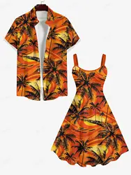 2024 Spring and Summer Dress and T-shirt Plus Size Matching Hawaii Beach Outfit For Couples Coconut Tree Painting Printed