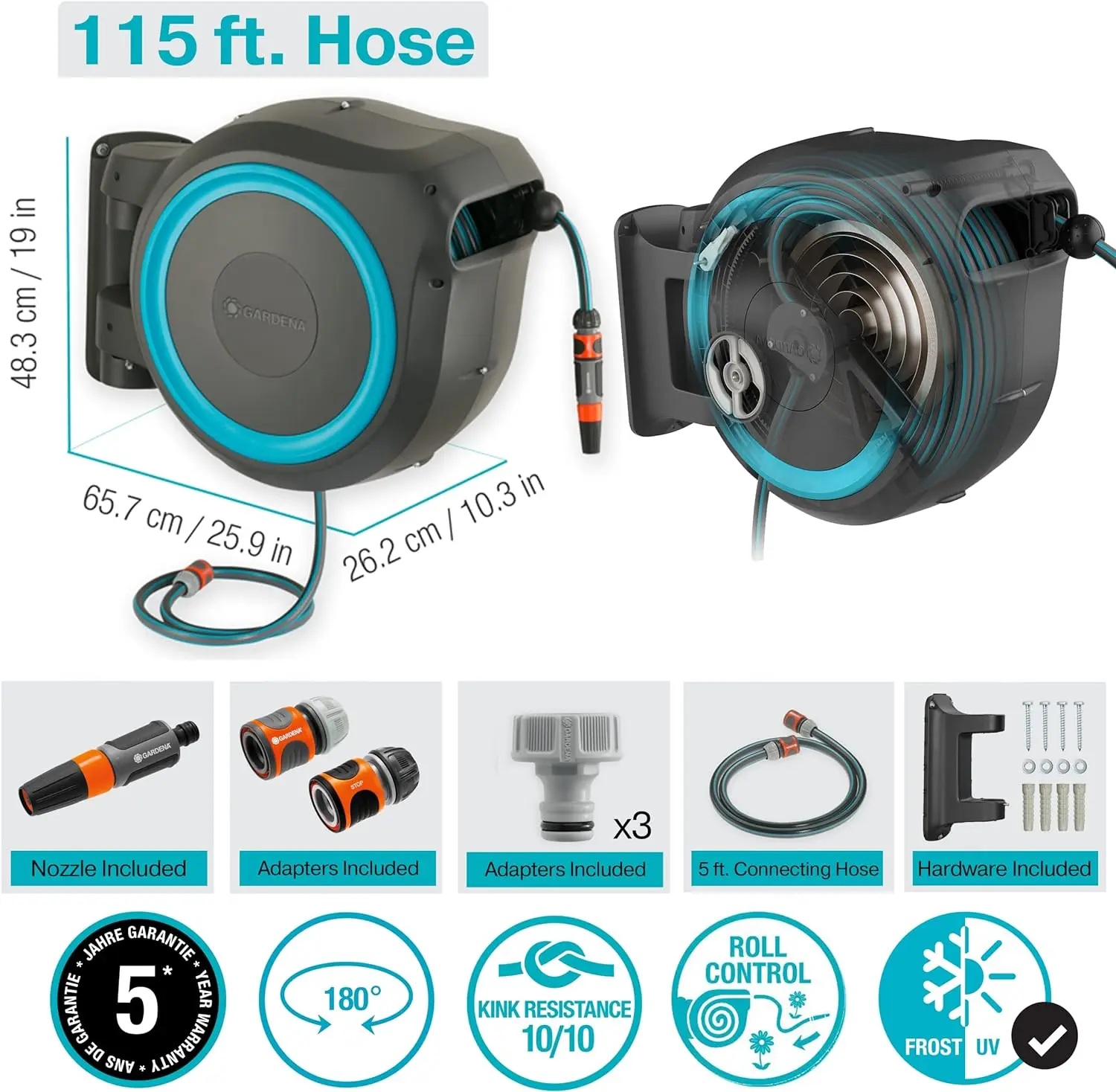 GARDENA 115' ft. Wall Mounted Retractable Hose Reel, Black and Turquoise