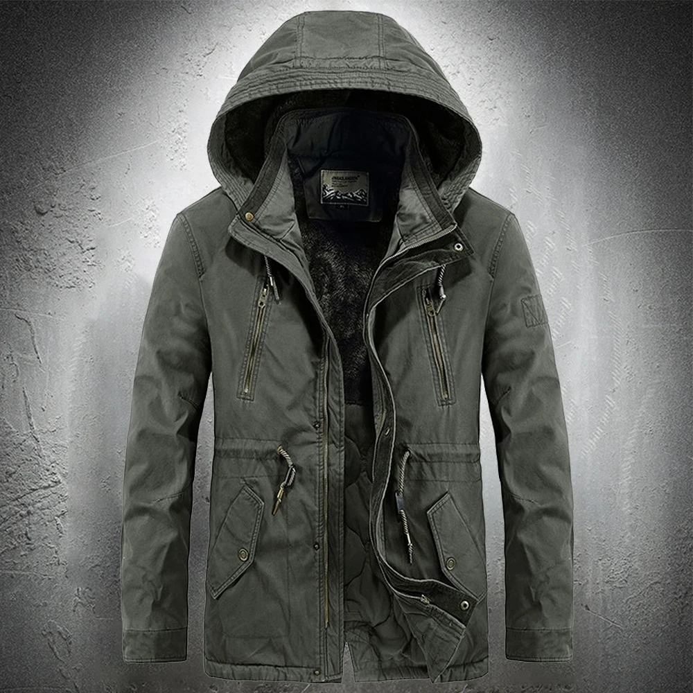 Men's Outdoor Jacket Detachable Hood Casaul Coat Autumn Winter Military Jacket Men Hooded Parka Fleece Lined Thicken Warm Coat