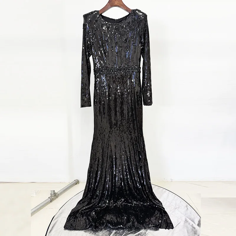 Quality In-Stock  2025 European and American Celebrity Heavy Beading and Rhinestone gold Sequin Long Dress