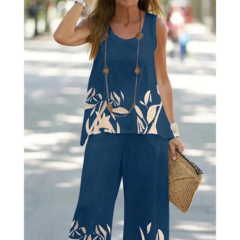 Women\'s Tropical Print Round Neck Sleeveless Tank Top and Wide Leg Pants Set Causal Streetwear Summer Suit Y2K Clothes