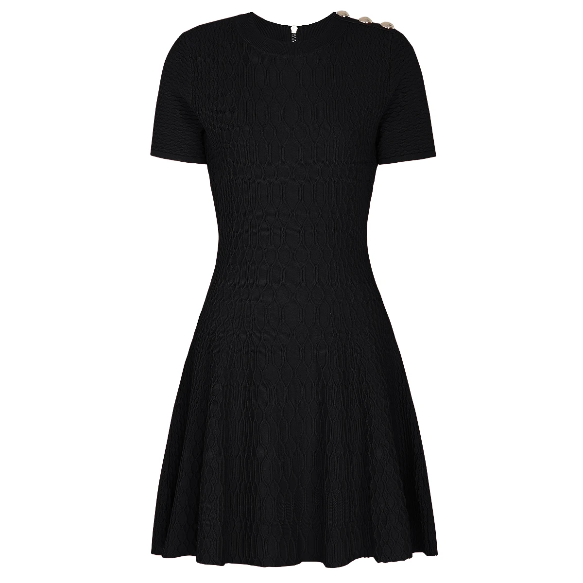 Wysokiej jakości letnia, modna sukienka dzianinowa z krótkim rękawem, okrągłym dekoltem, dopasowana, z paskiem na ramię, idealna do pracy.