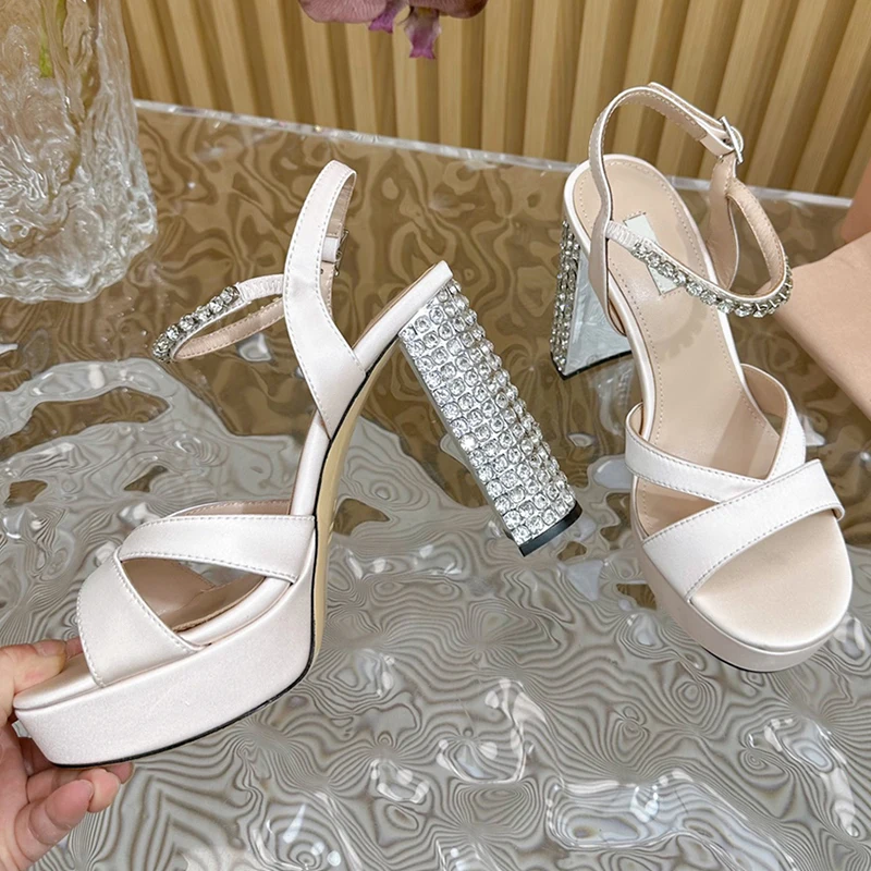 Crystal Chunky High Heel Women Summer Sandal Shoe Silk Satin Ankle Strap Luxury Wedding Party Platform New Brand Name Sapatos