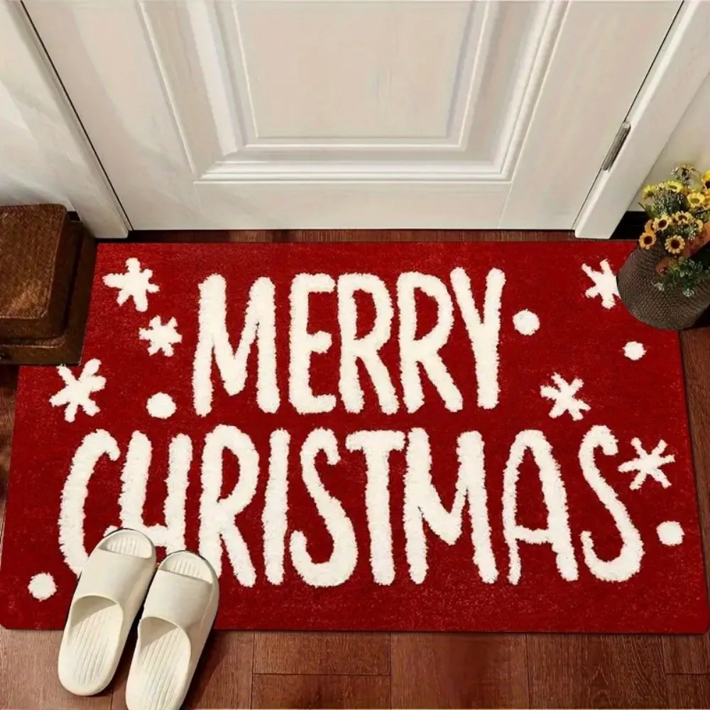 Entrance Floor Mat Red Snow Snowflake Letters Print Skidproof Indoor Entrance Way Hallway Living Room Holiday Decor Rug