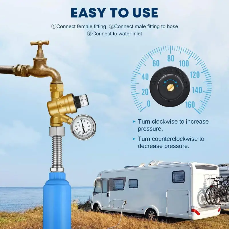 Water Pressure Regulator Adjustable Water Pressure Reducer With Gauge And Inlet-screened Filter Camper Must-Have For RV Travel