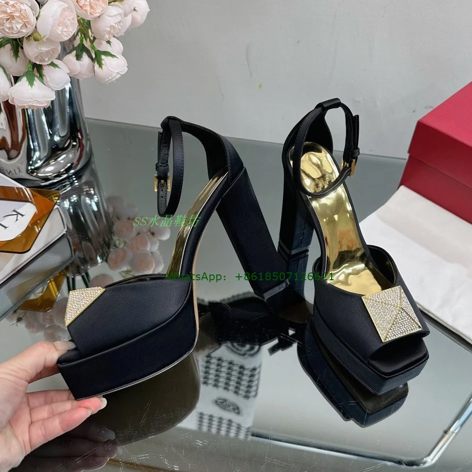 New Peep Toe Satin Stud Decor Chunky Heel Sandals Thick Bottom Square Toe Patent Leather High Heels For Women