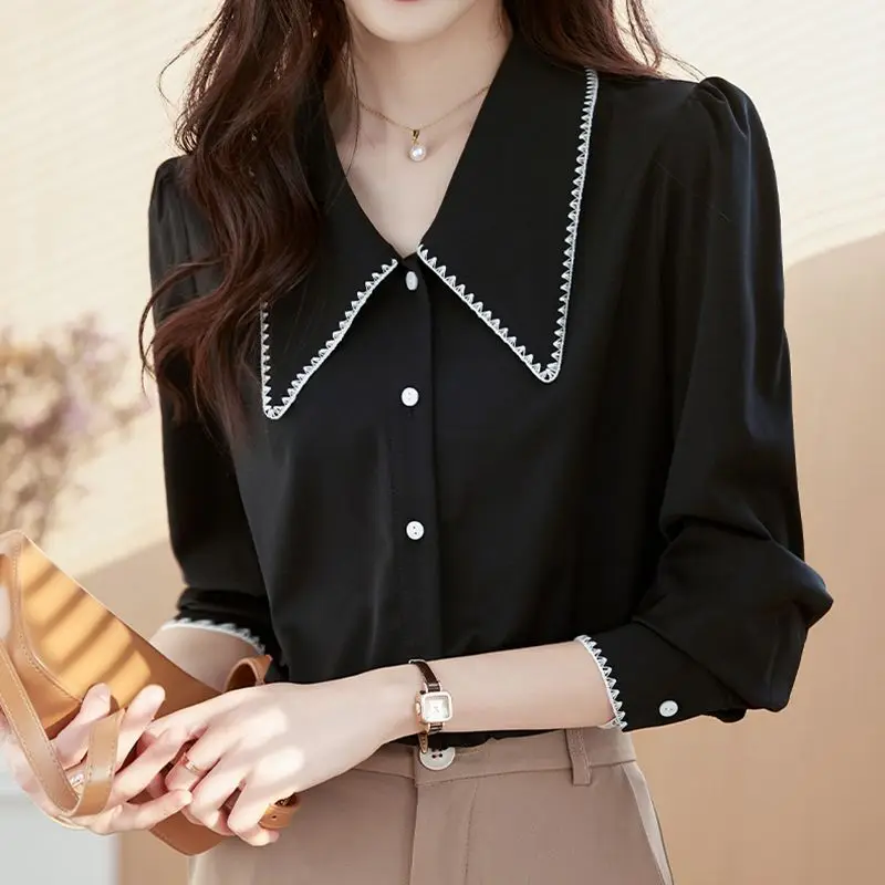 Spring Autumn Fashion Printing Shirts Women's Clothing Korean POLO Collar Puff Sleeve Buttons Single Breasted Simplicity Tops