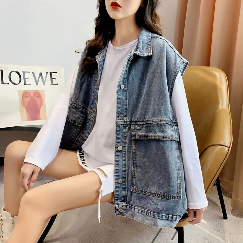 Ladies Korean Fashion Sleeveless Cardigan Women Vests Female Woman Waistcoat Casual Clothes Girls Beautiful Outerwear Denim Vest