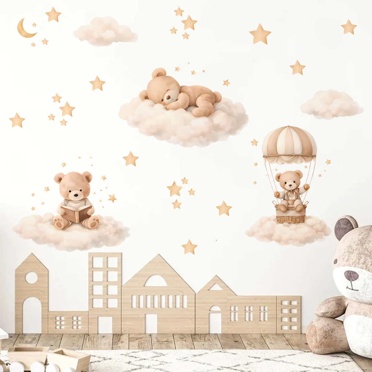 Cartoon Bear Cloud Star Wall Stickers Self-adhesive Waterproof  for Kids Room Baby Nursery Bedroom Removable PVC Decor Decals