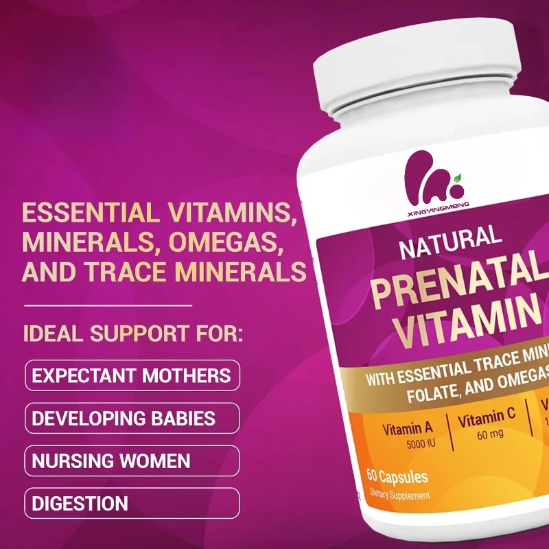 

Women's natural prenatal vitamin capsules contain folic acid, vitamins, minerals, and Omega for overall health support