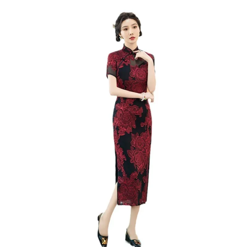 Old Shanghai Retro National Style Improved Chinese Long Cut Flowers Short Sleeve Robe Qi Pao Spring and Summer New Cheongsam
