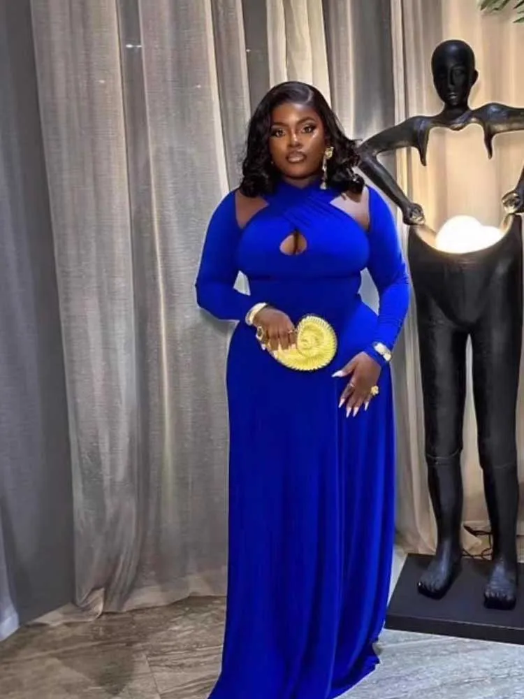 Elegant Autumn Party Dress for Women Solid Color Long Sleeve Maxi Evening Dress Cut Out Slimming Dress Wholesale Dropshipping