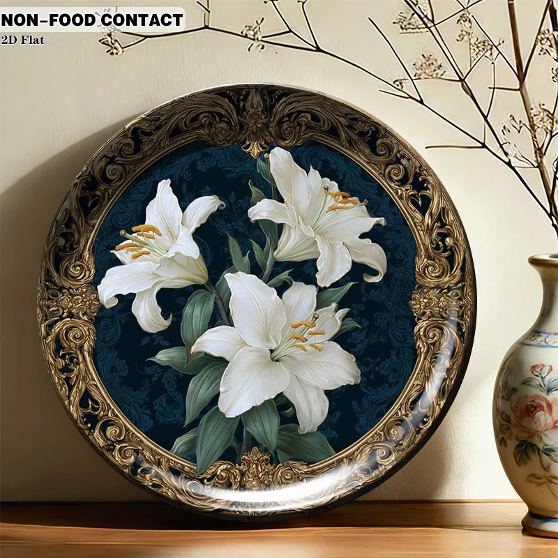 1pc Ceramic Decorative Plate, White Lilies in Golden Frame Art Decorations, (For Decorative Purposes Solely, NON-FOOD CONTACT)