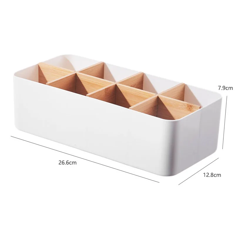 8 Compartment Bamboo Desktop Organizer Stackable & Multi-Functional Makeup Brushes Comestic Tools Puff Storage Box with Dividers