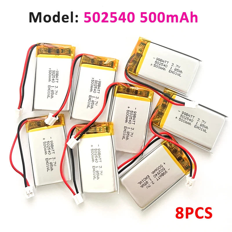 8pcs 502540 500mAh 3.7V Li Po Battery 052540 Rechargeable Lithium Polymer Batteries for Dvd Mp3/mp4 GPS LED Light Recorder GPS