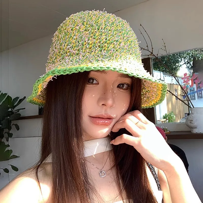 

Korean Version of Hand-woven Mixed-color Straw Hat Summer Vacation Sunscreen Sunshade Foldable Straw Sun Cap for Women's