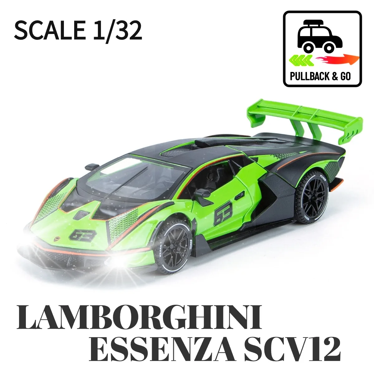 

1:32 Lamborghini Essenza SCV12 Pullback Car Toy with Lights Engine Sound, Scale Diecast Car Model Replica Kid Boy Play Gift