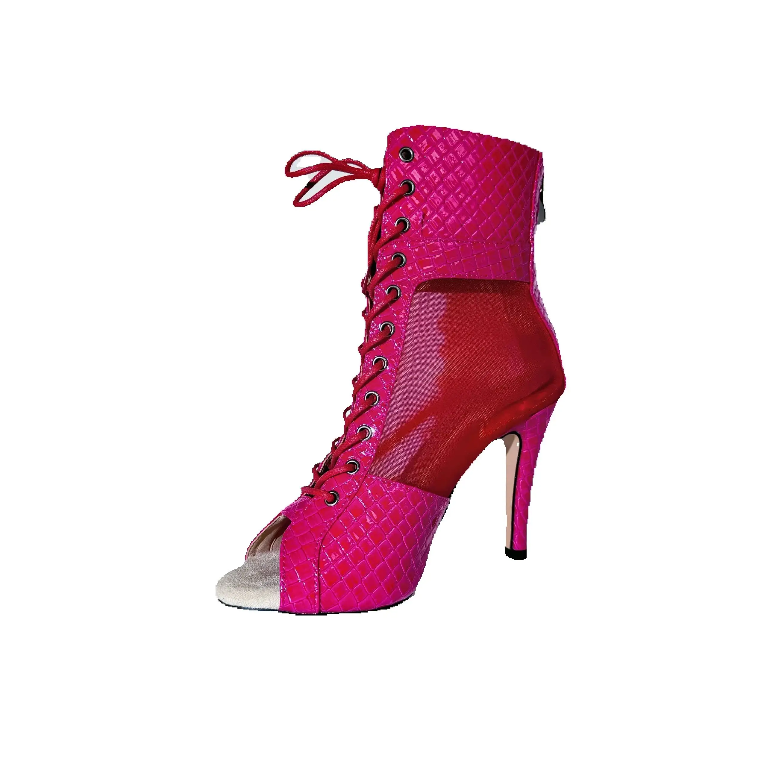 

Women Red High Heels Peep Toe Lace-Up Dance Booties 10cm Stiletto Sandals Women Shoes Fish Mouth Tando Party Modern Dancing Shoe