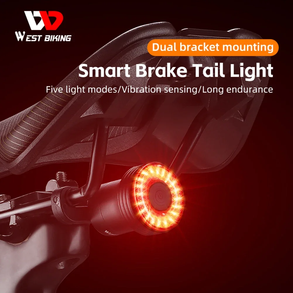 WEST BIKING Bicycle Taillight LED 400mAh Bike Smart Sensor Brake Tail Light Type-C USB Rechargable Waterproof Cycling Equipment