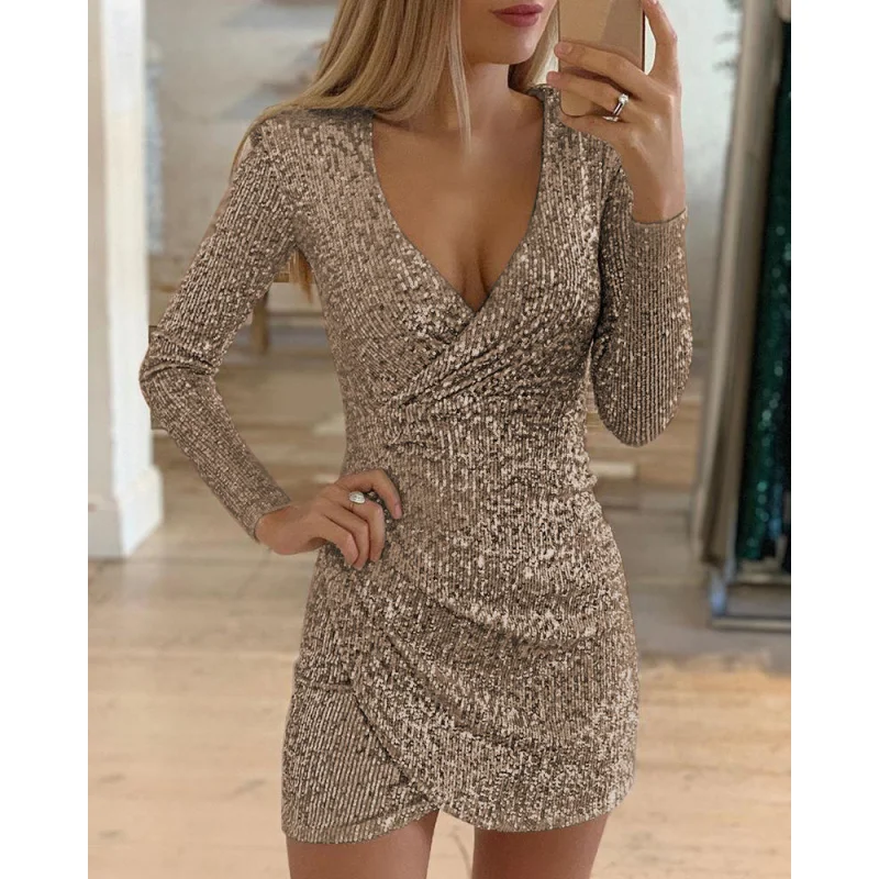 2024 new autumn outfit sexy V-neck bag hip irregular short skirt sequined dress formal dress