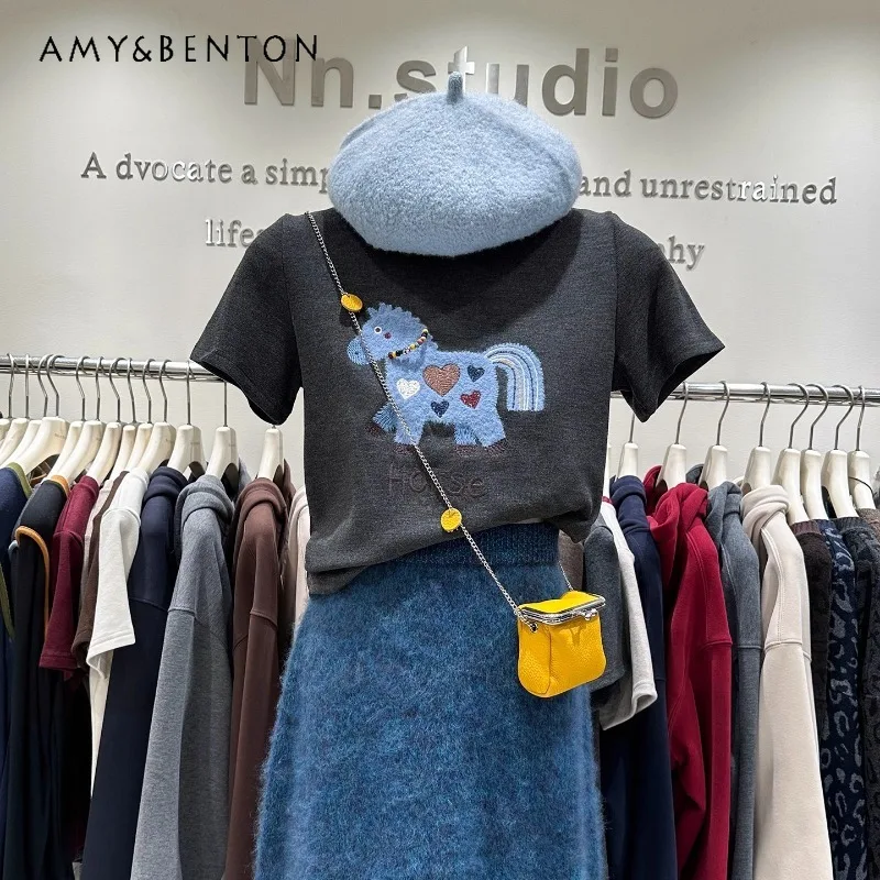 

Thickened Brushed T-shirt Pullover Women's Autumn Winter Heavy Embroidery Heart Cartoon Fun Cute Crew Neck Short Sleeved Tshirts