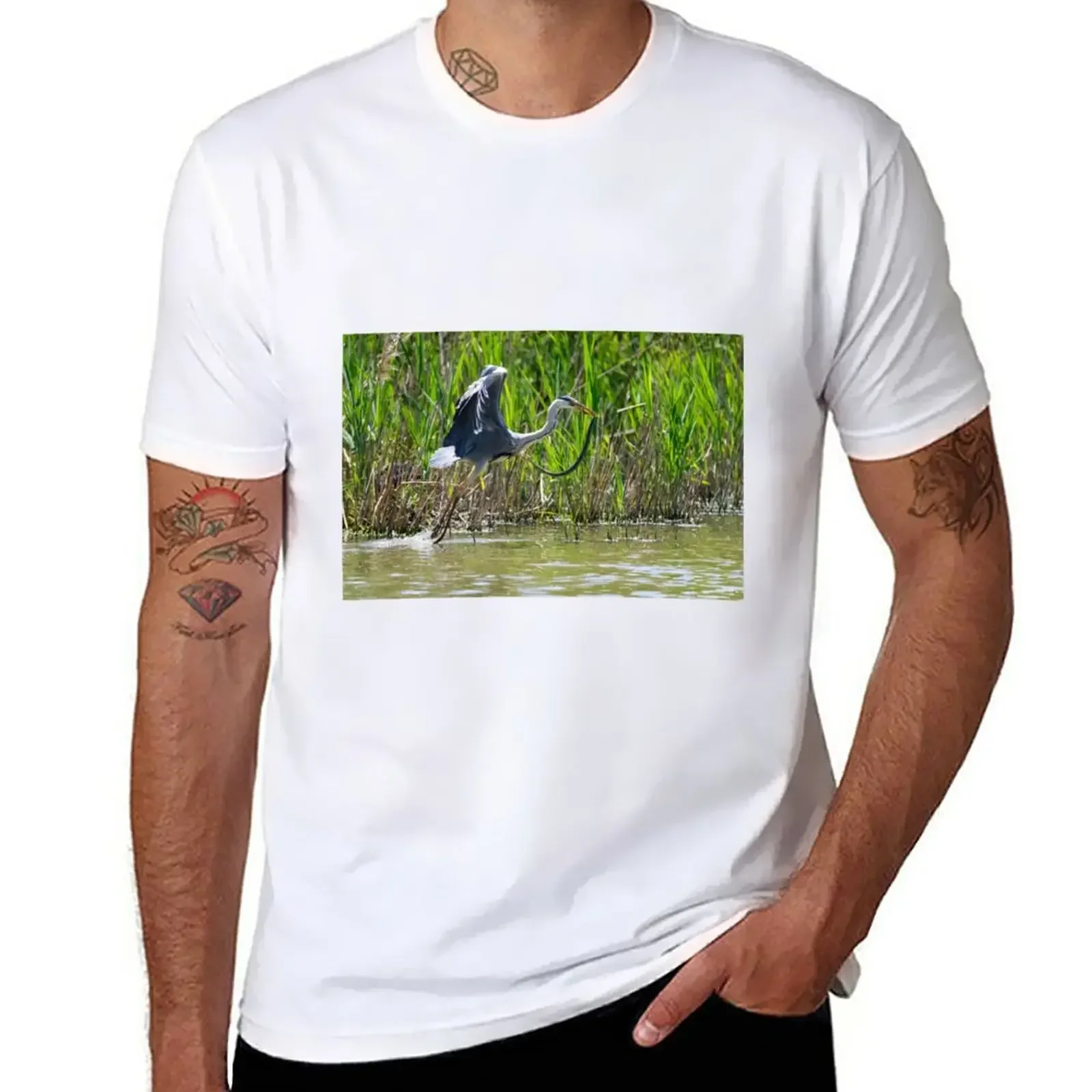 

A heron flies off with a snake, Oasi WWF Lago di Alviano, Umbria, Italy T-Shirt summer clothes men workout shirt