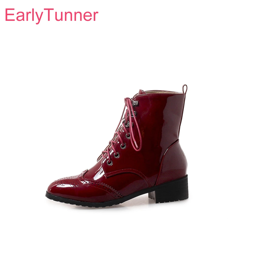 

New Spring Glamour Wine Red White Women Ankle Boots Lace up Med Block Heels Lady Shoes Plus Small Big Size 10 32 43