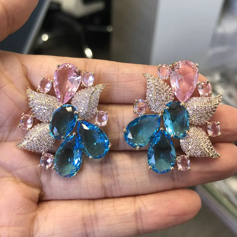 Bilincolor Blue and Pink Flower Stud Earring for Women