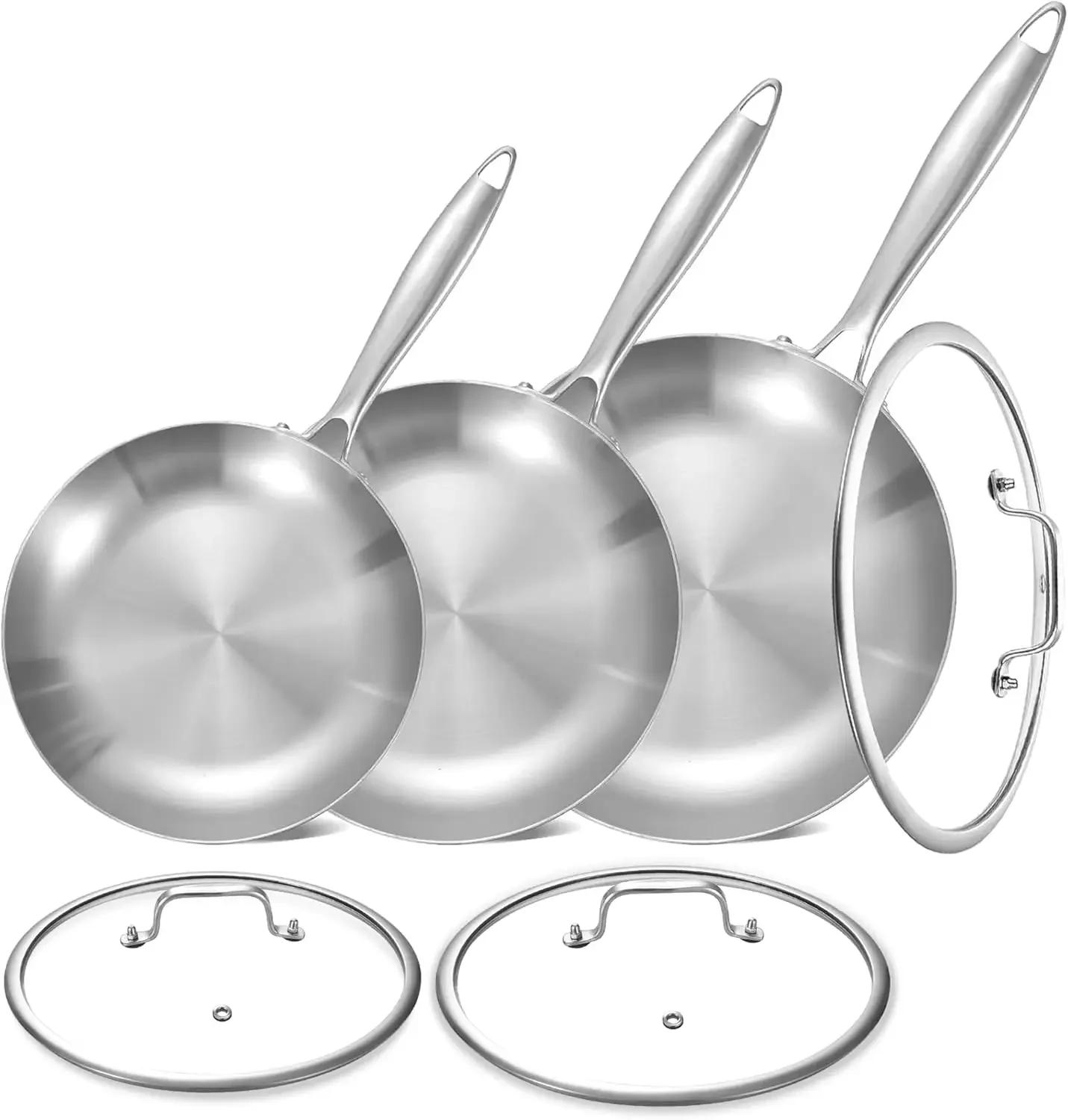 

Набор сковород из нержавеющей стали Tri-Ply (8.5-10-12 дюймов) с крышками, для индукционных плит, пригоден для мытья в посудомоечной машине и использования в духовке, с отсоединяемыми ручками