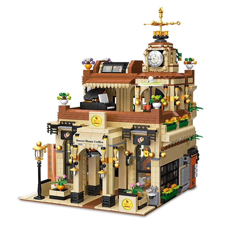 Bloques de construcción en miniatura de cafetería Retro europea MOC 89120, tienda con vista a la calle, arquitectura Modular, Ideas de ladrillos, juguete para regalo DIY para niños y adultos