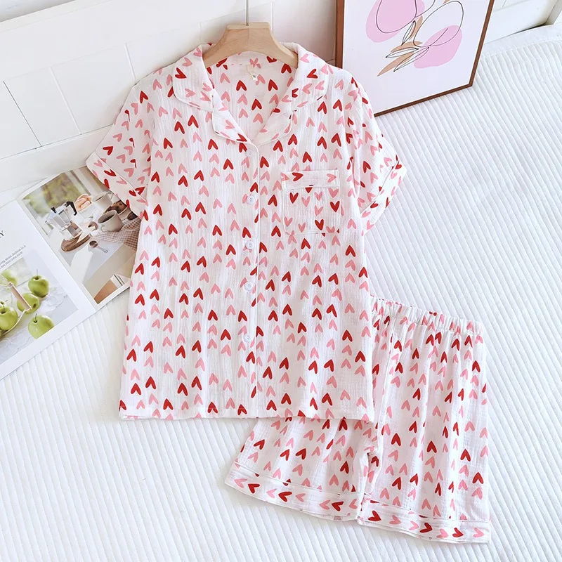 2024 Summer Ladies Short-sleeved Shorts Pajamas Set 100% Cotton Crepe Cloth Thin Home Service Two-piece Spring And Autumn Loose