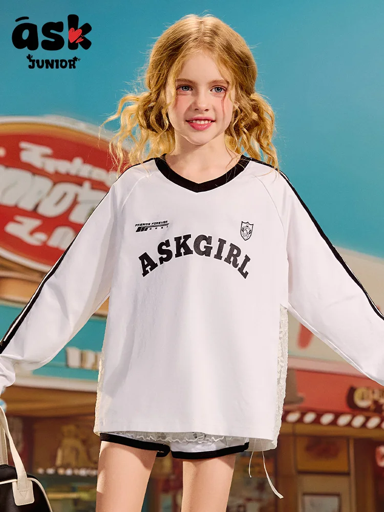 اسأل جونيور الدانتيل كم طويل تي شيرت الفتيات الربيع طاقم الرقبة البلوز القوس أسفل القميص #5