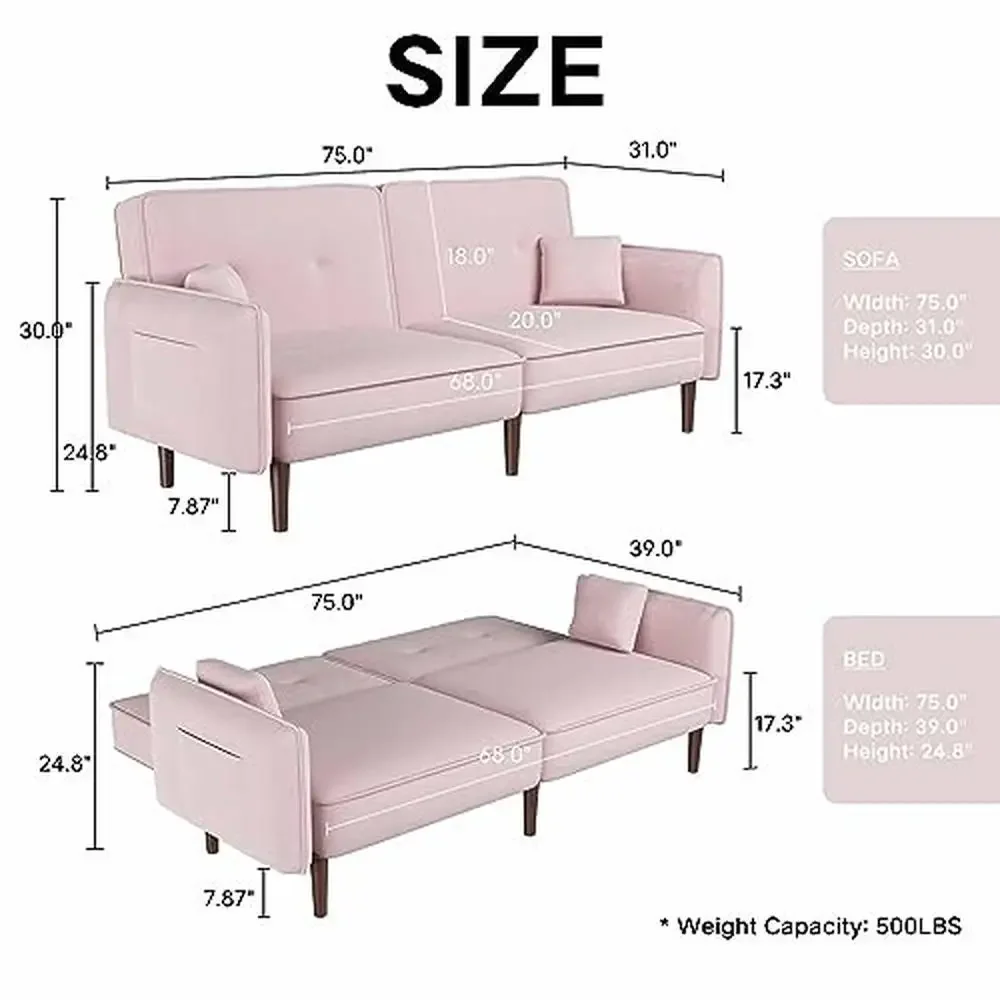 Sofá-cama conversível com pernas de madeira e espuma de memória, veludo rosa, Loveseat moderno, espaços pequenos e estúdio, 75 "Futon