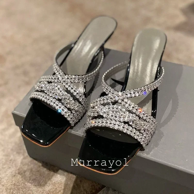 بريق حجر الراين ديكور رقيقة الكعوب النعال النساء ساحة تو المفتوحة تو صندل كعب عالٍ فستان صيفي أحذية أحذية الزفاف #6