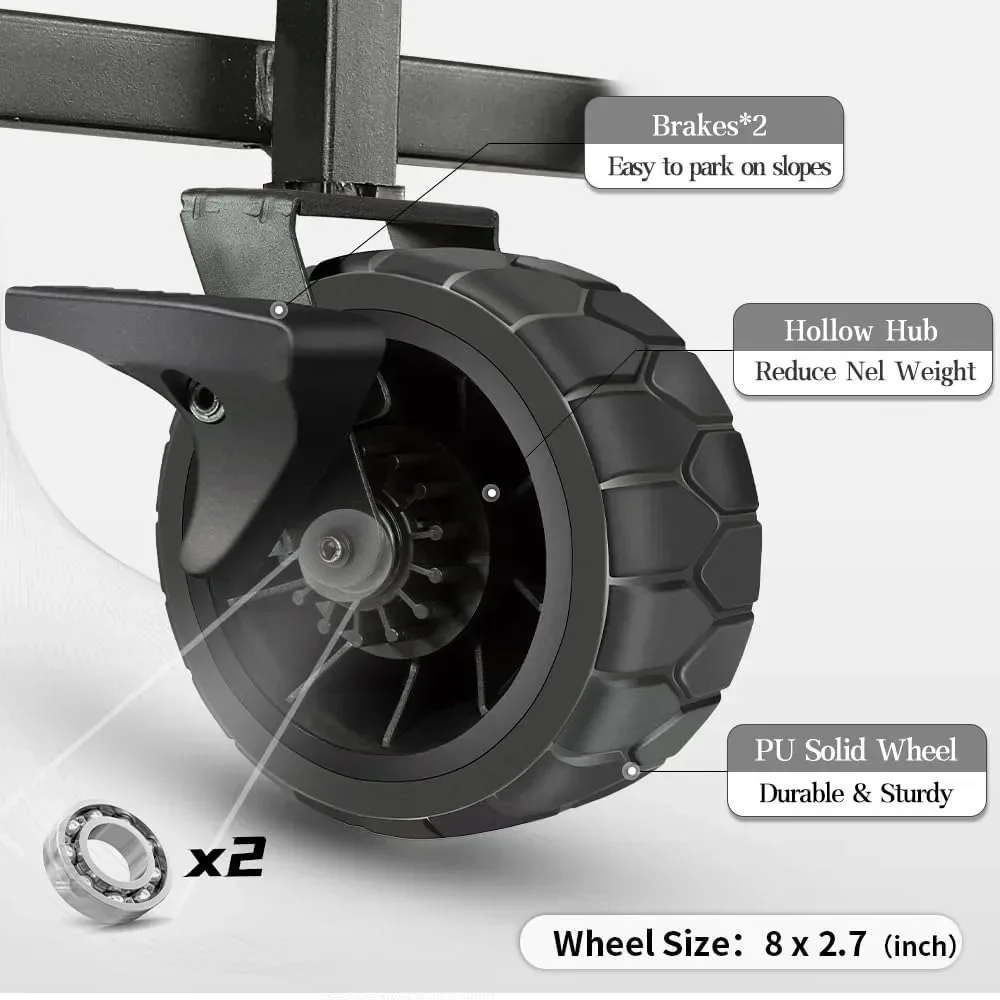 Składany, składany wózek piknikowy do parkowania na świeżym powietrzu z łożyskiem i hamulcem 8-calowe koła terenowe