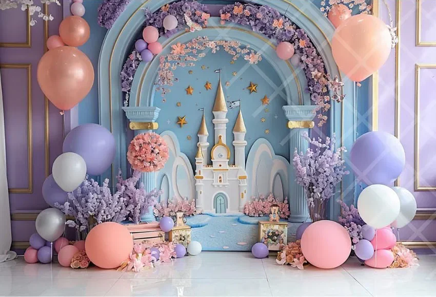 Mehofond Photography Background Fairytale Castle Flowers Balloon Girls Birthday Cake Smash Portrait Decor Backdrop Photo Studio