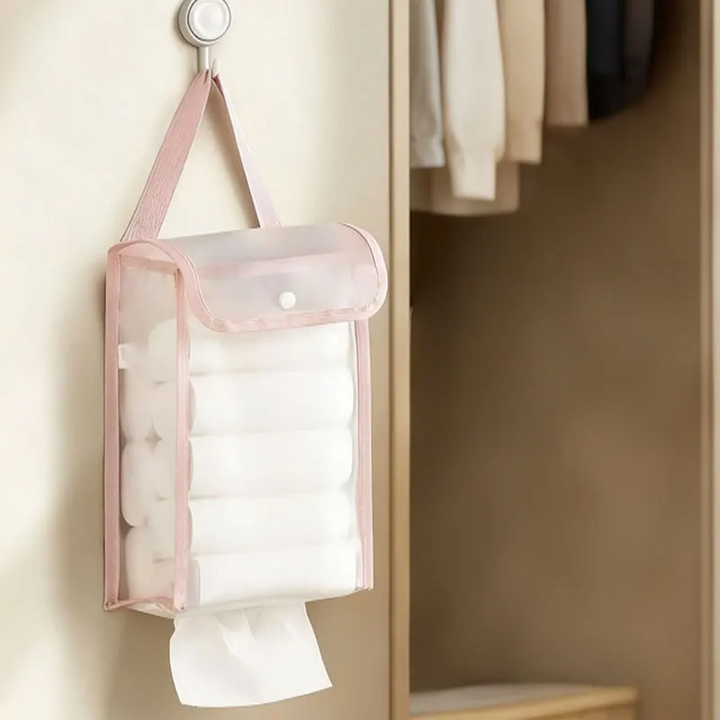Wall Hanging Storage Bag with Flip Cover Transparent Home Living Room Bathroom Organizer Pouch for Wet Wipes Tissue Sundries