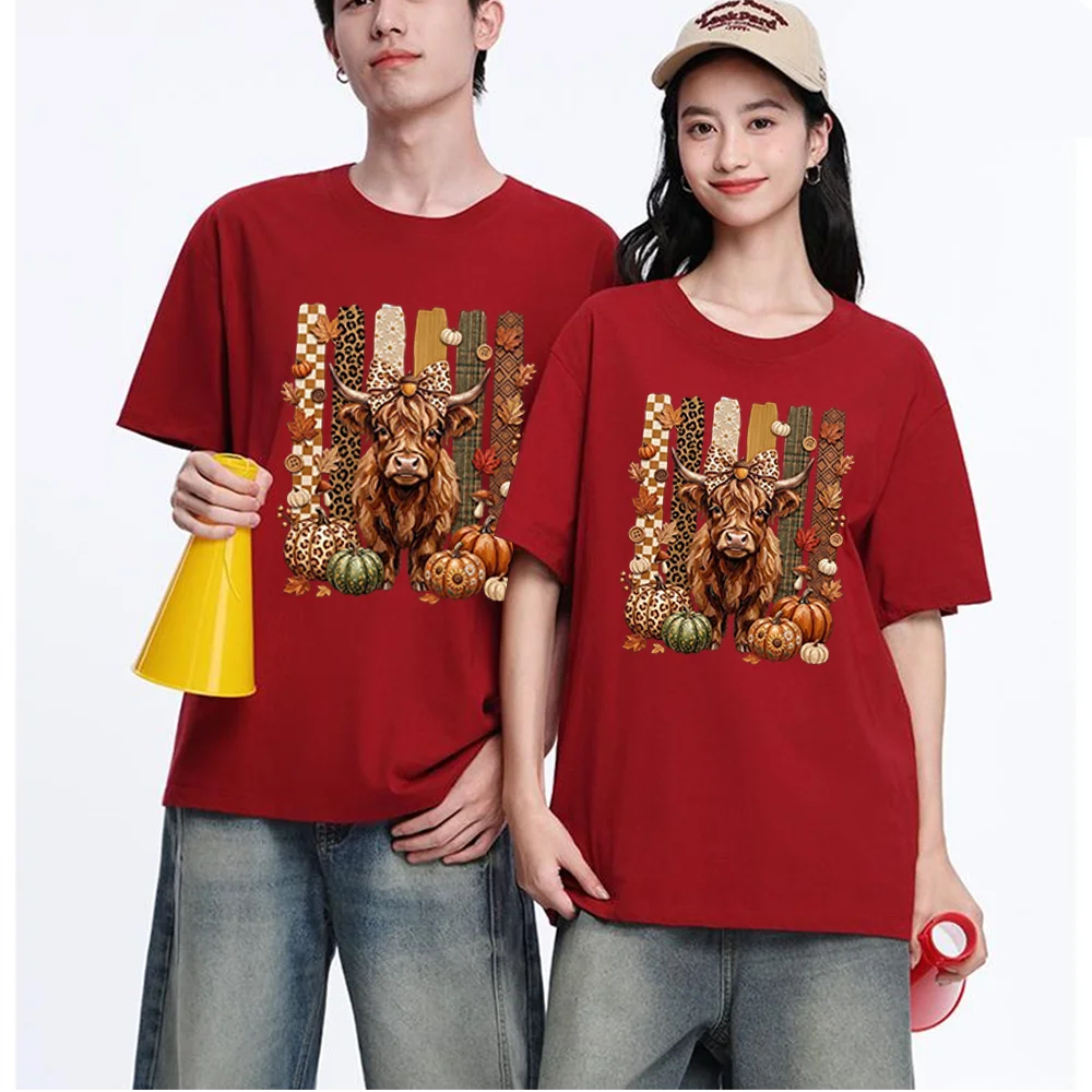 Highland Cow With Leopard Bow And Pumpkins Printed T Shirt Breathable Fabric S-XXL Personalized Custom T Shirt Unisex Fit Aesthe