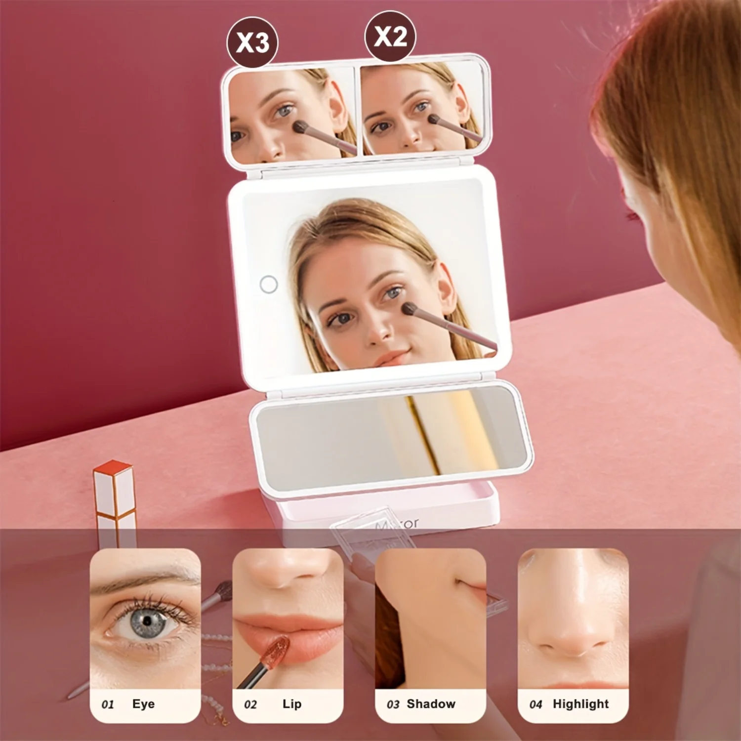 Foldable Lighted Makeup Mirror, USB Rechargeable Mirror, 3 Colors Light, Dimming, Vanity Mirror for Makeup