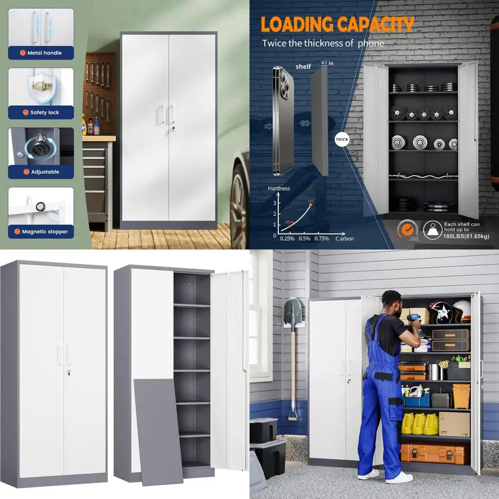

Шкаф для хранения из стали с замком, 71 дюйм, 2 двери и 5 регулируемых полок – идеально подходит для гаража, офиса, дома, спортзала, школы, серый/белый