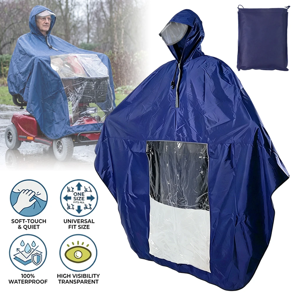 Wasserdichter Mobilitätsroller-Poncho mit transparentem Panel und verstellbarer Kapuze, universell passend für 3/4-Rad-Elektroroller, leichter Regenmantel aus PVC-beschichtetem Polyester.