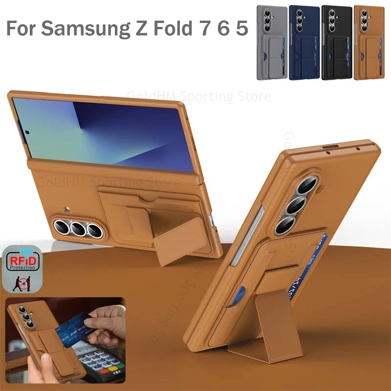

For Samsung Z Fold7 5G RFID Card Slot Kickstand Hinged Case For Galaxy Z Fold 7 6 5 Skin Feel Ring Holder Hinge Shockproof Cover