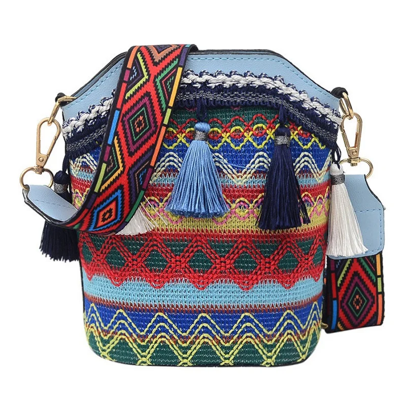 Fashion Bohemian Ethnic Style Women's Straw Woven Shoulder Messenger Bag Retro Casual Tassel Bucket Bag Light Blue