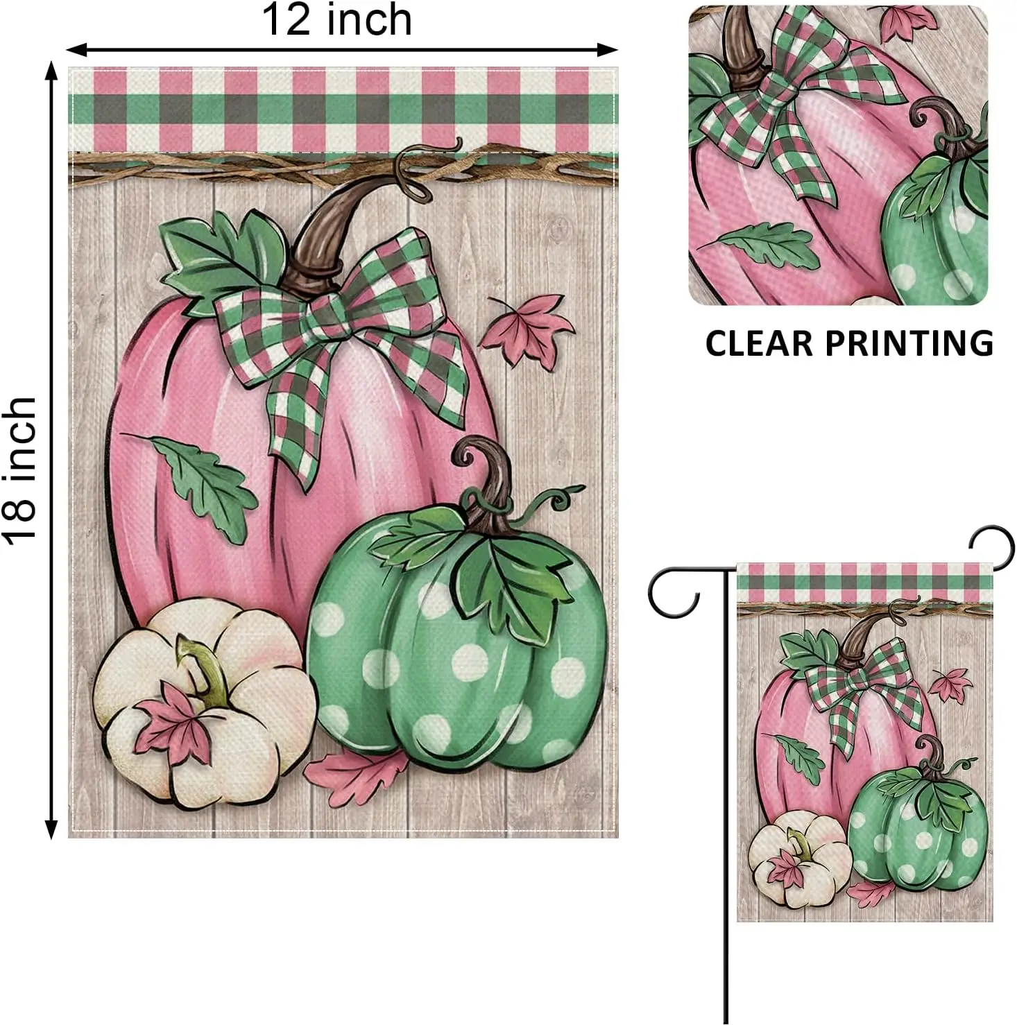 Fall Pink Green White Pumpkin Decorative Garden Flag, Autumn Plaid Check Farmhouse Yard Outside Decorations, Thanksgiving Ru yyi