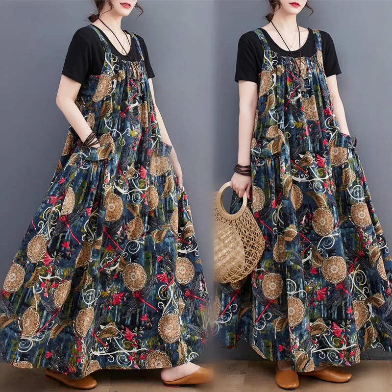 5094 Summer Fashion Ethnic Style Floral Printed Long Dress Loose Casual Large Swing Women Mom Daily Pullover Suspender Skirts