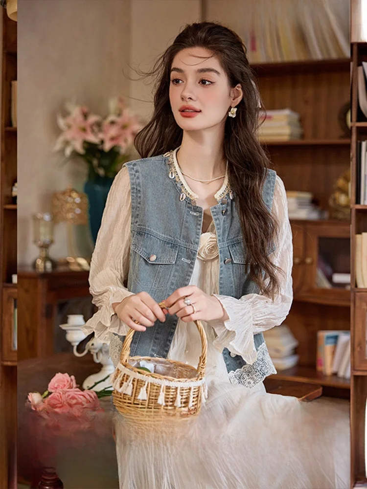 

Корейский кружевной лоскутный джинсовый жилет в стиле пэчворк, верхняя одежда, дизайн Sense, осеннее новое поступление, женский топ-джат, круглый Ne